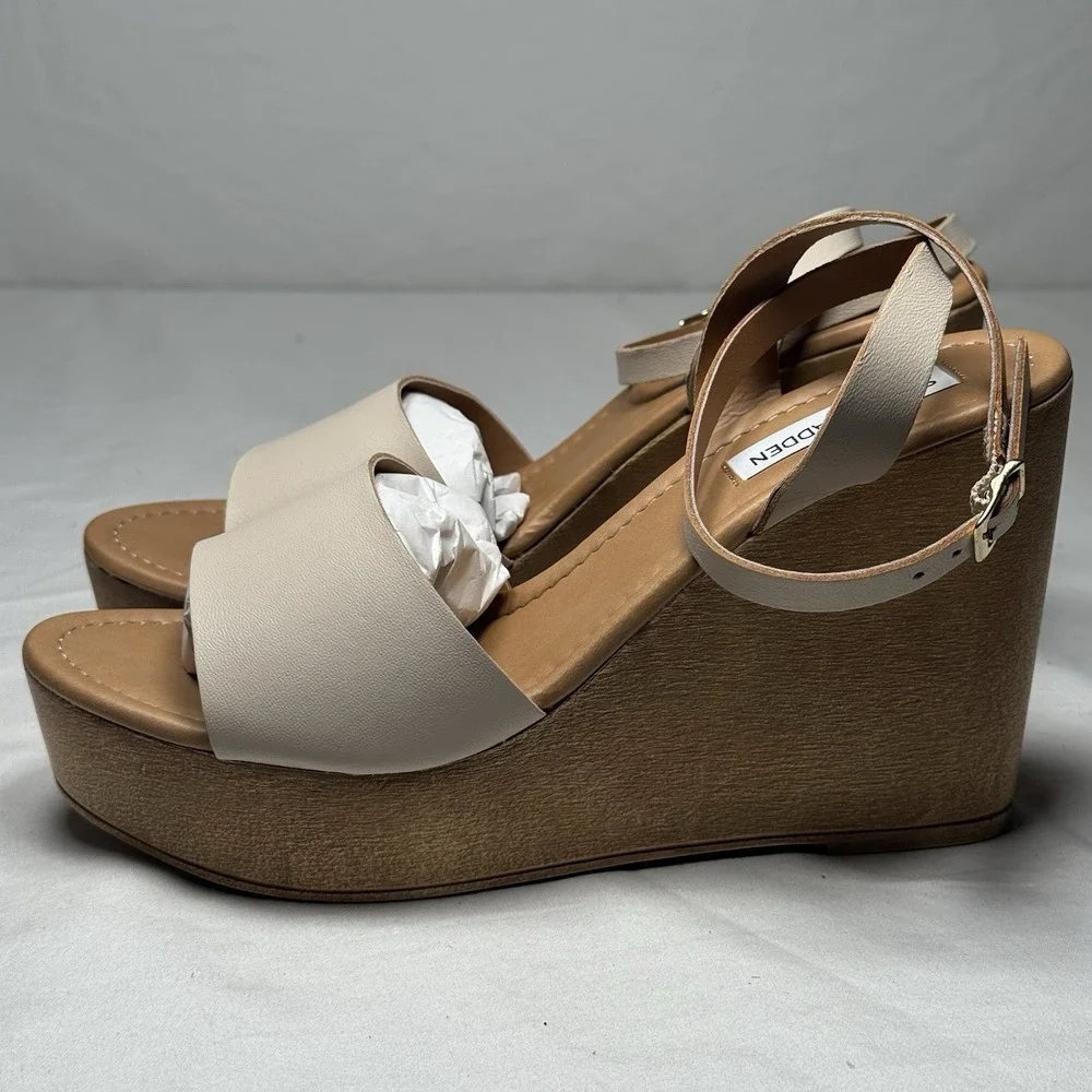 Steve Madden Welsh Leather Wedge Sandals Womens Size 9 Nude Platform Ankle Strap